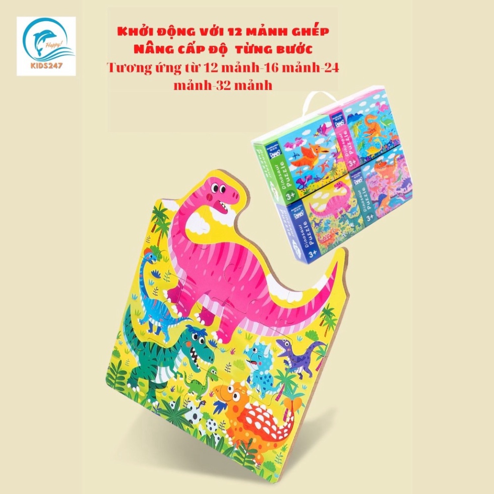 Đồ Chơi Tranh Ghép Puzzle Xếp Hình Bằng Gỗ 4 Cấp Độ Từ Dễ Đến Khó 12,16,24,32 Miếng Khủng Long, GT, 4 Mùa TRITUEVIET