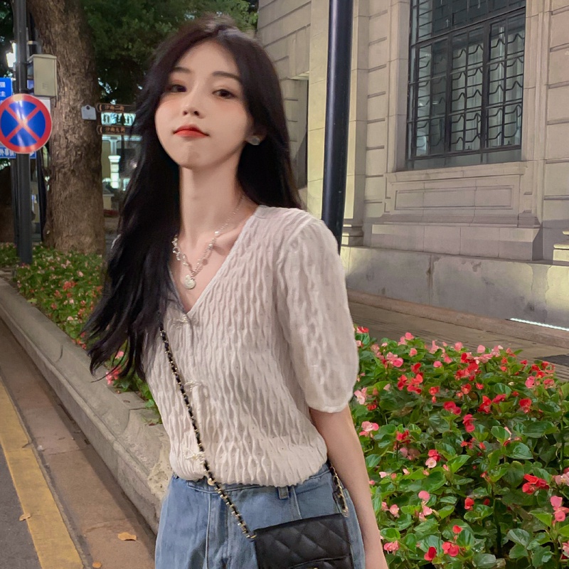 【ZHELIHANGFEI】Áo Dệt Kim Tay Phồng Đính Nơ Ngọt Ngào Thời Trang