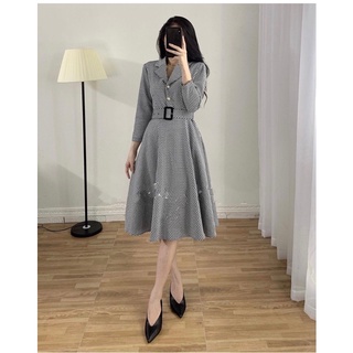 Váy midi kẻ C.K dư xịn - dáng xòe dễ mặc