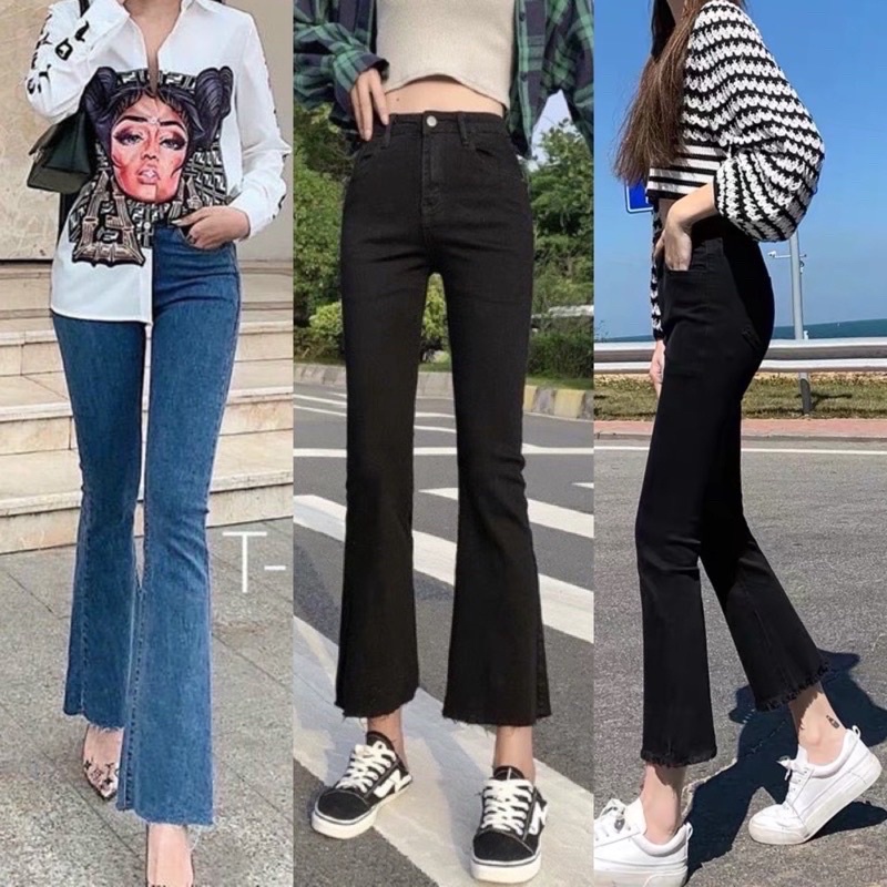 Quần jeans ống loe nữ trơn co dãn cạp cao