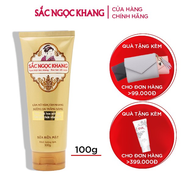 Sữa Rửa Mặt Sắc Ngọc Khang 100g công thức Gel dịu mát + hạt tinh thể vitamin E giúp làm sạch dịu nhẹ & không làm khô da
