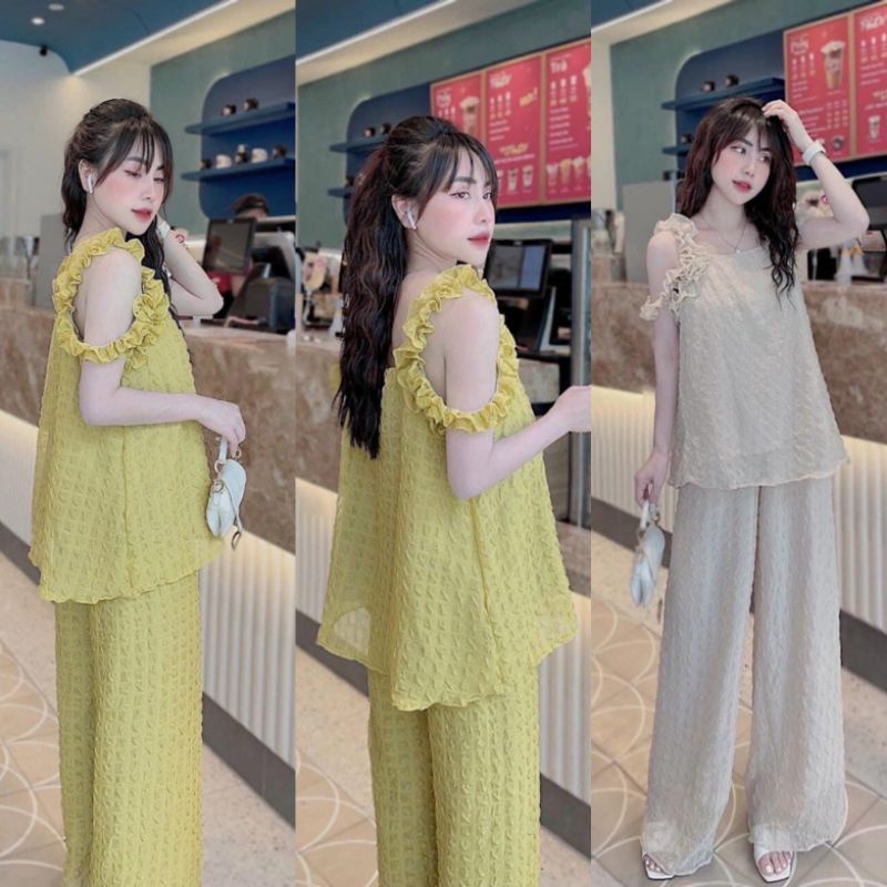 Set Đồ Nữ Ms.1565 Áo Hai Dây Baèo Dáng Suông Phối Quần Ống Suông Chất Xốp Nhăn Mềm Mát