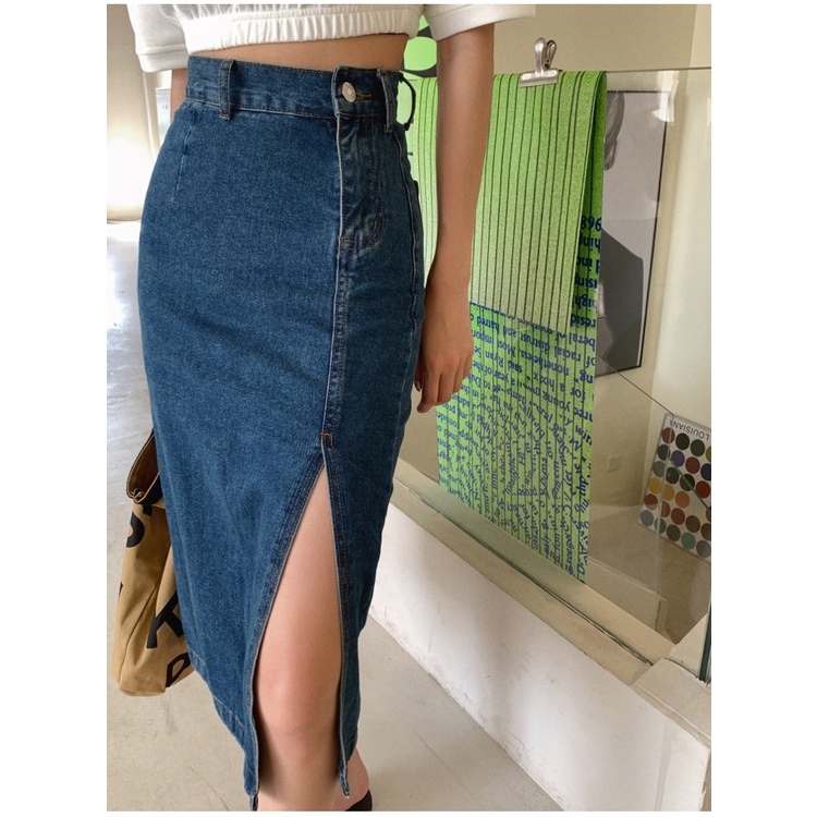 Chân váy jean cạp cao xẻ tà cá tính thời trang 43784