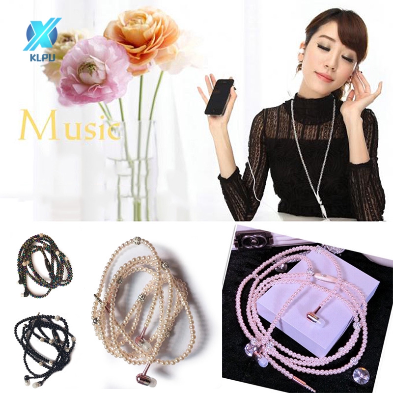 COD# Rhinestone Jewelry Fake Pearl Necklace Earphones With Microphone Earbuds Gifts For iPhone Xiaomi Samsung #VN