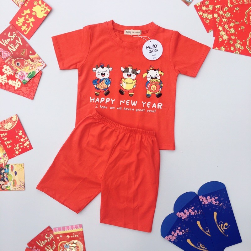 [Xả Kho] [MẪU TẾT] Bộ ngắn tay cộc tay HAPPY NEW YEAR Minky mom cotton 100% mềm mịn mát cho bé trai bé gái từ 10-32kg