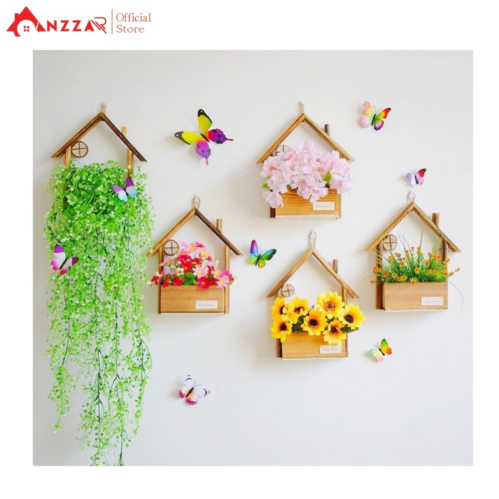 Giỏ hoa treo tường Anzzar chậu gỗ cắm sẵn nhiều mẫu hoa lá nhân tạo trang trí nhà cửa độc đáo tặng móc treo GHG-10