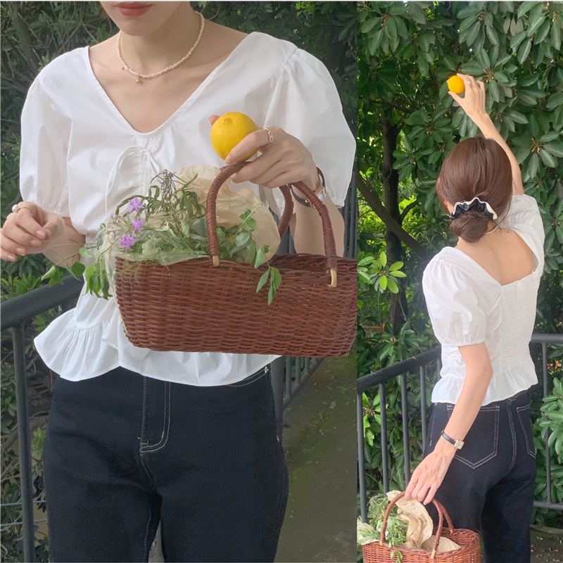 SUXI Áo Sơ Mi Tay Ngắn Cổ Chữ V Màu Sắc Đơn Giản Phối Dây Rút Thời Trang Hàn Quốc Cho Nữ