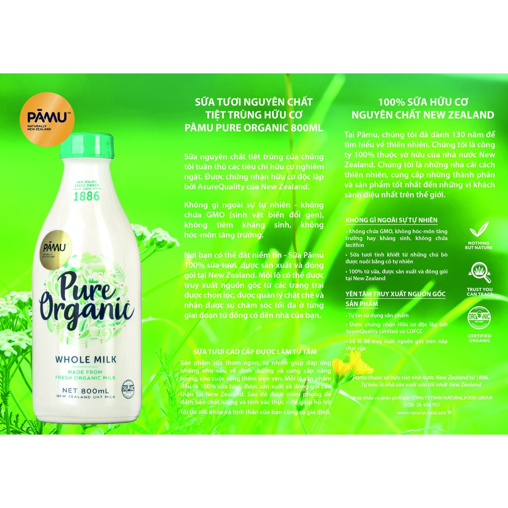 Sữa Tươi Nguyên Chất Tiệt Trùng Hữu Cơ PAMU - PURE Organic Chai 800ml