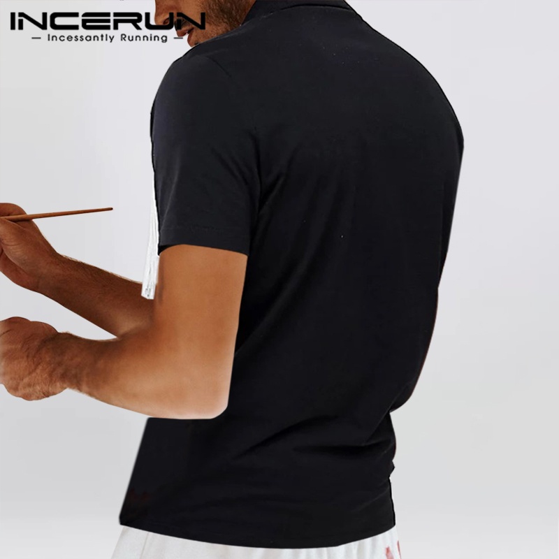 INCERUN Áo Thun Polo Tay Ngắn Dáng Rộng Phối Tua Rua Thiết Kế Đơn Giản Thời Trang Cho Nam