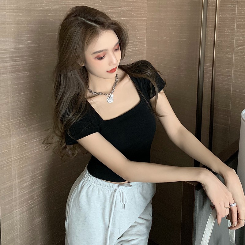 Áo Croptop Cổ Vuông Ôm Ngắn Tay, Áo Croptop nữ ngắn sexy màu TRẮNG | ĐEN Ulzzang