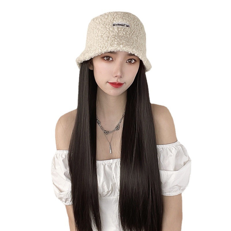 Tóc giả nữ kèm mũ tai bèo vải len, tóc giả nguyên đầu thẳng dài kết hợp nón lông cừu