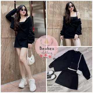 [Ảnh thật] Set áo 2 dây croptop kèm áo khoác phối chân váy chữ A ulzzang