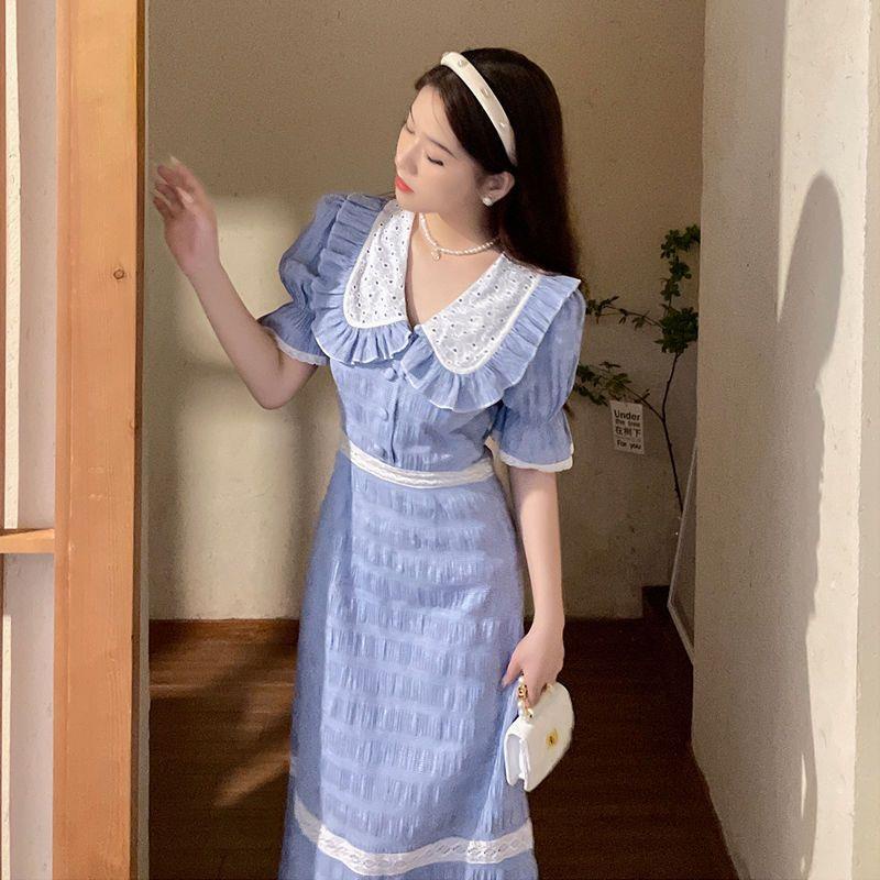 Đầm Nữ Dáng Dài Chiết Eo Màu Trắng / Xanh Sữa Phong Cách Pháp Thanh Lịch