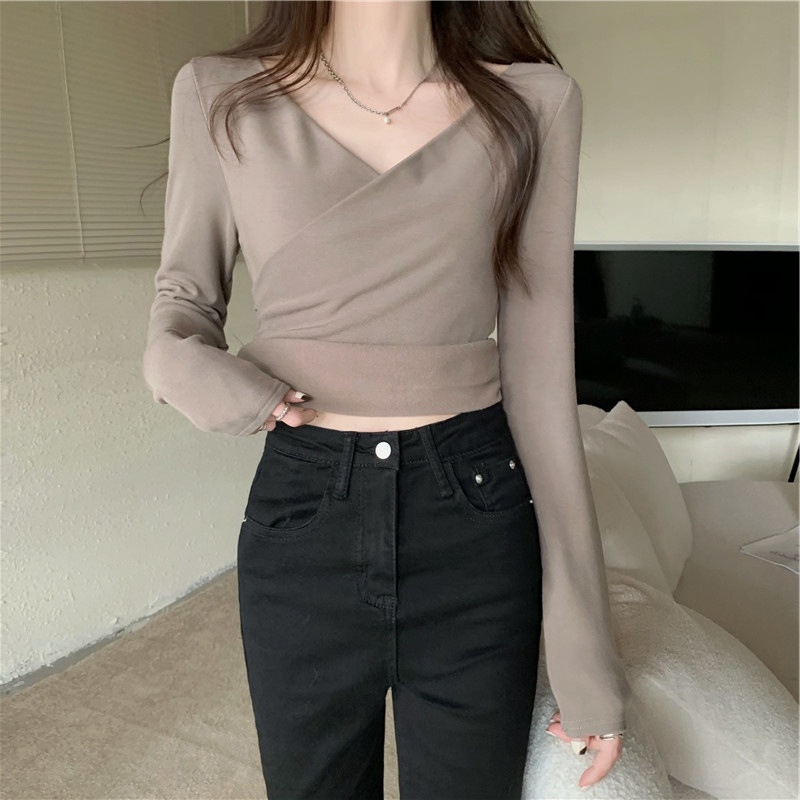 WANG JIAO ZHAN Áo Kiểu Cổ Chữ V Thiết Kế Mỏng Kiểu Dáng Mới Xinh Xắn Thời Trang