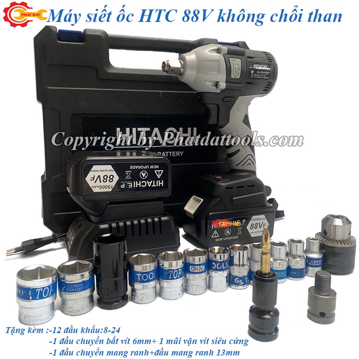 Máy siết bulong dùng pin Hitachi-2 Pin khủng 10 cell-Tặng kèm đầu chuyển vặn ốc sang vặn vít-Bảo hành 6 tháng