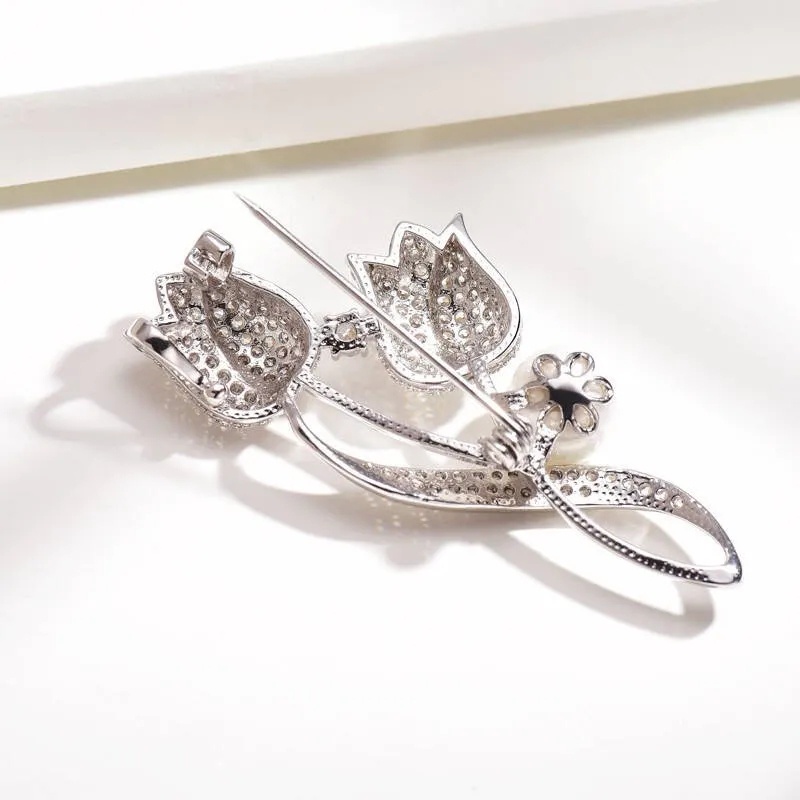 Ghim Cài Áo Hình Hoa Tulip Đính Ngọc Trai / Kim Loại Trang Nhã Thời Trang Cho Nữ