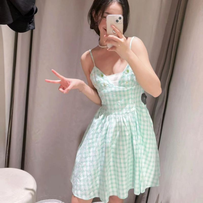 ĐẦM CARO XANH 2 DÂY ZARA XUẤT XỊN