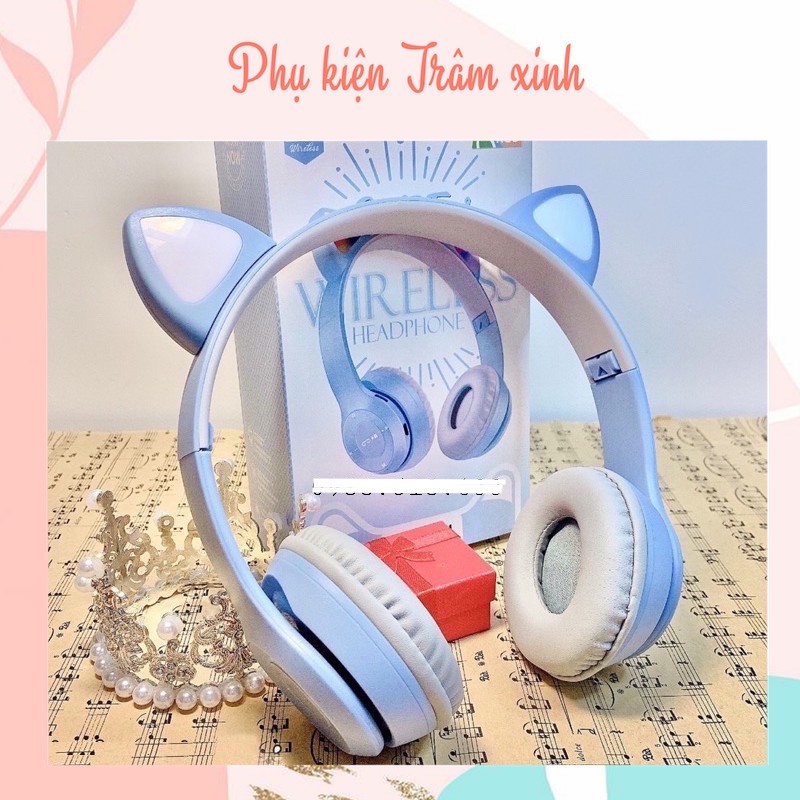 Tai nghe mèo bluetooth chụp tai cao cấp, Tai nghe mèo hồng dễ thương có micro đàm thoại, chơi game. Headphone phát sáng