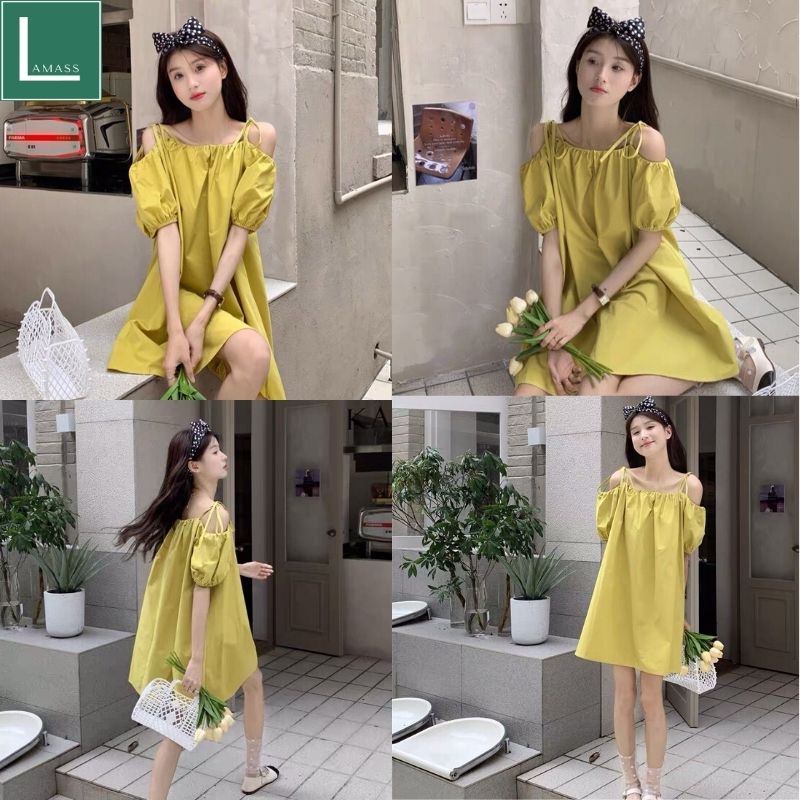 Váy babydoll nữ 2 dây trễ vai tay bồng dễ thương- Đầm maxi nữ đi biển màu xanh cốm basic ULAZANG hàn quốc - LAMASS