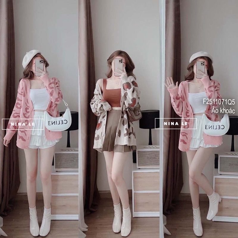 Áo khoác len họa tiết báo form rộng tay dài hàng QC