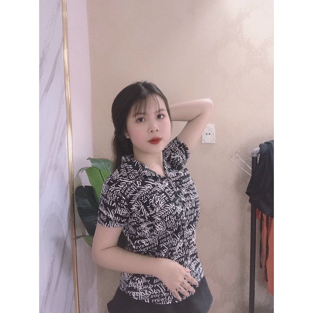 Áo sơ mi tay ngắn in chữ nhí kiểu cực xinh , chất voan mềm mịn mát