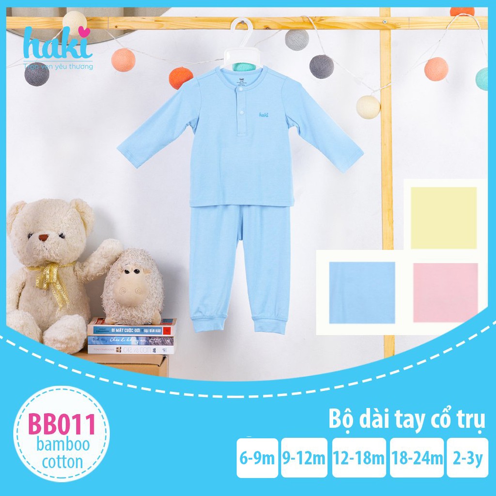 Bộ quần áo dài tay Haki cho bé trai bé gái sơ sinh tới 3 tuổi thiết kế cổ trụ vải sợi tre cotton BB011