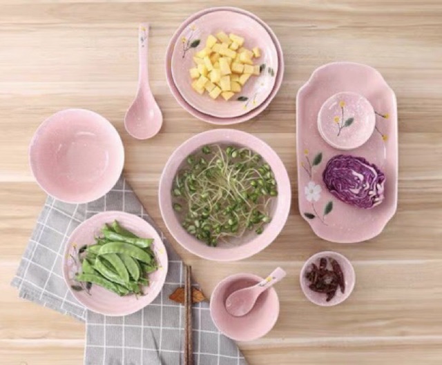 Set 31 món chén bát gốm hồng đào phong cách Nhật Bản