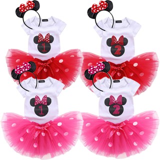 MINNIE Set Áo Liền Quần & Chân Váy Tutu & Băng Đô Quấn Đầu Cho Bé Gái 1 Tuổi