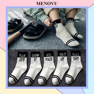 Tất nam nữ cổ cao Menovu tất trắng kẻ đen in hình chữ cực đẹp TN39
