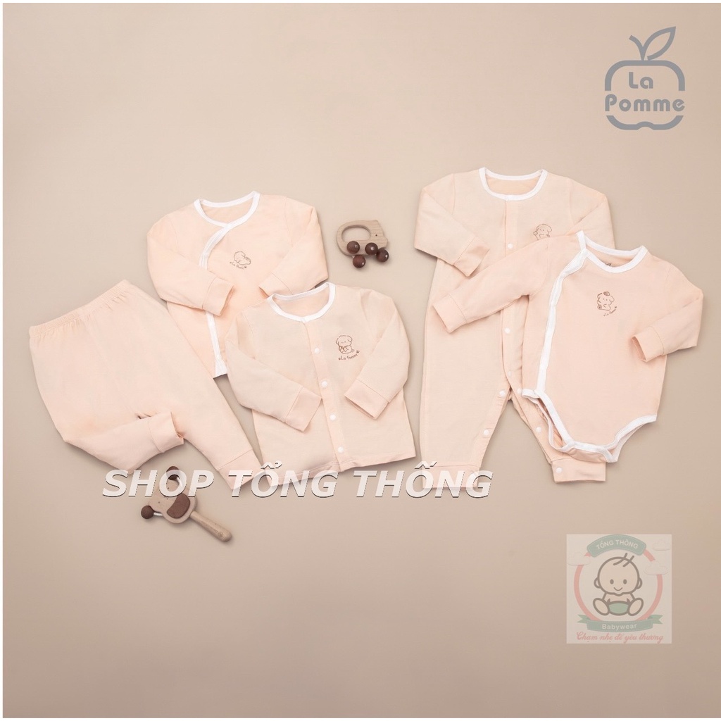 Set combo La Pomme chất Petit Soyeu sơ sinh dài tay cài giữa cài chéo bodysuit màu be kem cho bé 14030 23030 15030 25030