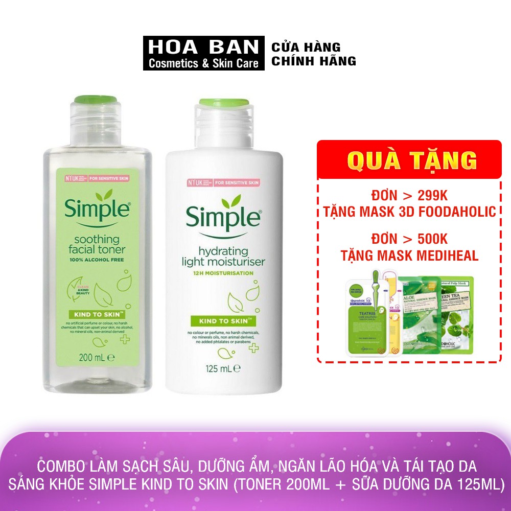 Combo Làm Sạch Sâu, Dưỡng Ẩm, Ngăn Lão Hóa Và Tái Tạo Da Sáng Khỏe Simple Kind To Skin (Toner 200ml + Sữa dưỡng 125ml)