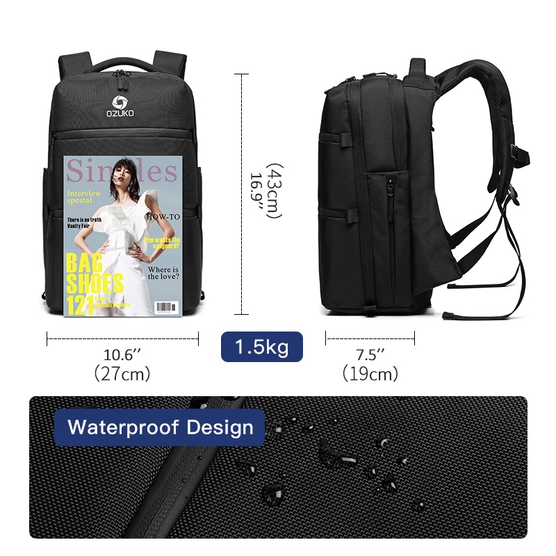 Balo OZUKO chống thấm nước có cổng sạc USB cao cấp tiện dụng cho nam