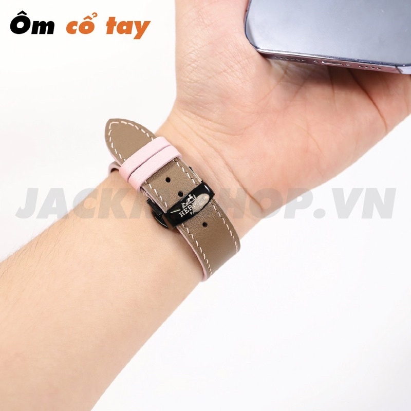 [BẢO HÀNH 1 NĂM] Dây Da BÊ SWIFT may tay thủ công màu Nâu tây chỉ Hồng khóa bướm cho Apple Watch series 1/2/3/4/5/6/7