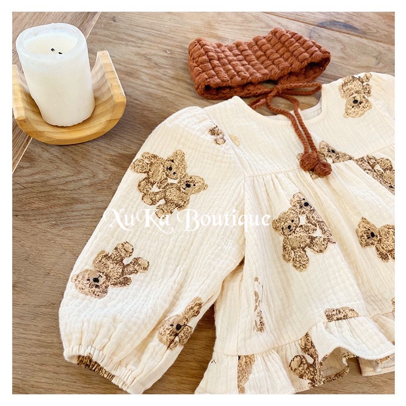 Bộ Quần Áo Dài Tay Kèm Mũ Bé Gái 0-2 Tuổi Hình Gấu Vải Đũi Galakoko Chính Hãng Style Hàn Quốc Cực Đẹp