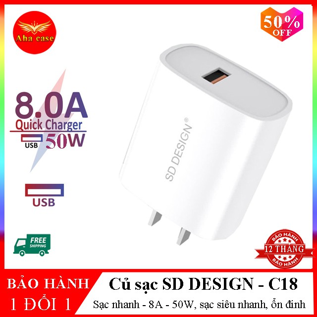 Củ Sạc Nhanh C18 chính hãng SD DESIGN sạc siêu tốc không hại máy dùng cho điện thoại iphone samsung, oppo, Bh 12 tháng
