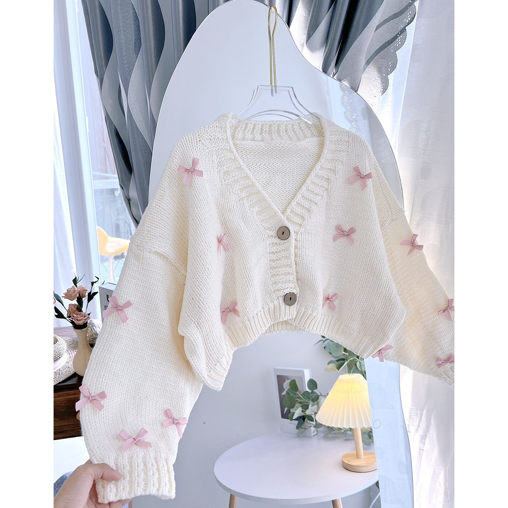 Áo len croptop trắng trơn đính nơ