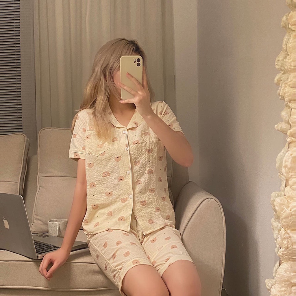 [Ảnh thật/video] Bộ Mặc Nhà Pyjama Nữ Dài Tay, Cộc Tay Chất Đũi Họa Tiết Đáng Yêu