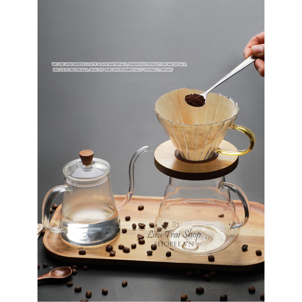 Bộ bình và phễu v60 pha cà phê giấy lọc Pour over  drip brew giá gỗ tròn gioăng silicone có quai