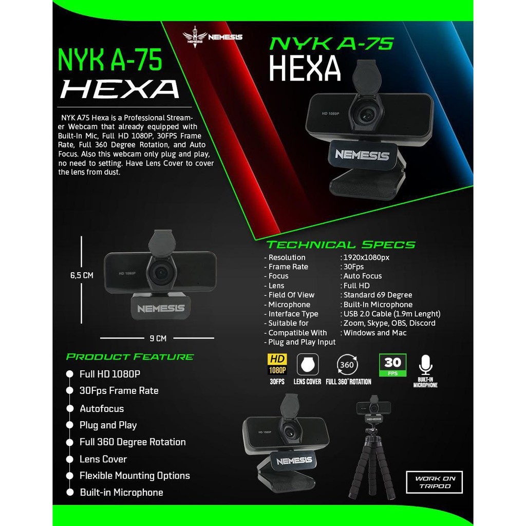 Webcam Chuyên Nghiệp Nyk Nemesis A75 Hexa Full Hd 1080p Có Nắp Đậy Ống Kính Ốp | BigBuy360 - bigbuy360.vn