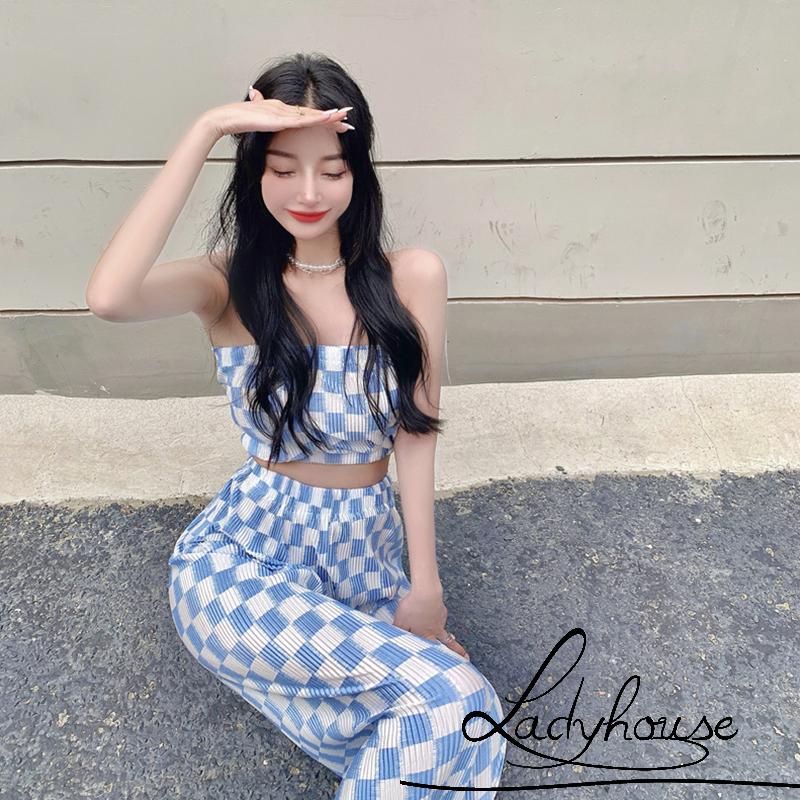 LDD-Women 2PCS Outfits, Check Pattern Sleeveless Tube Tops, High Waist Long Wide Leg Pants