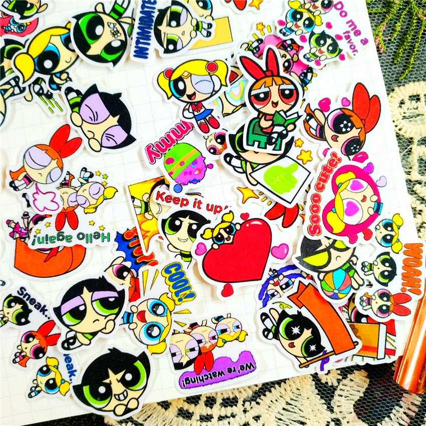 ★★★ Sticker Dán Trang Trí Nhật Ký Hình Powerpuff Girls Q-2 ★★★ Bộ 60 Hình Dán Thời Trang Trang Trí Album