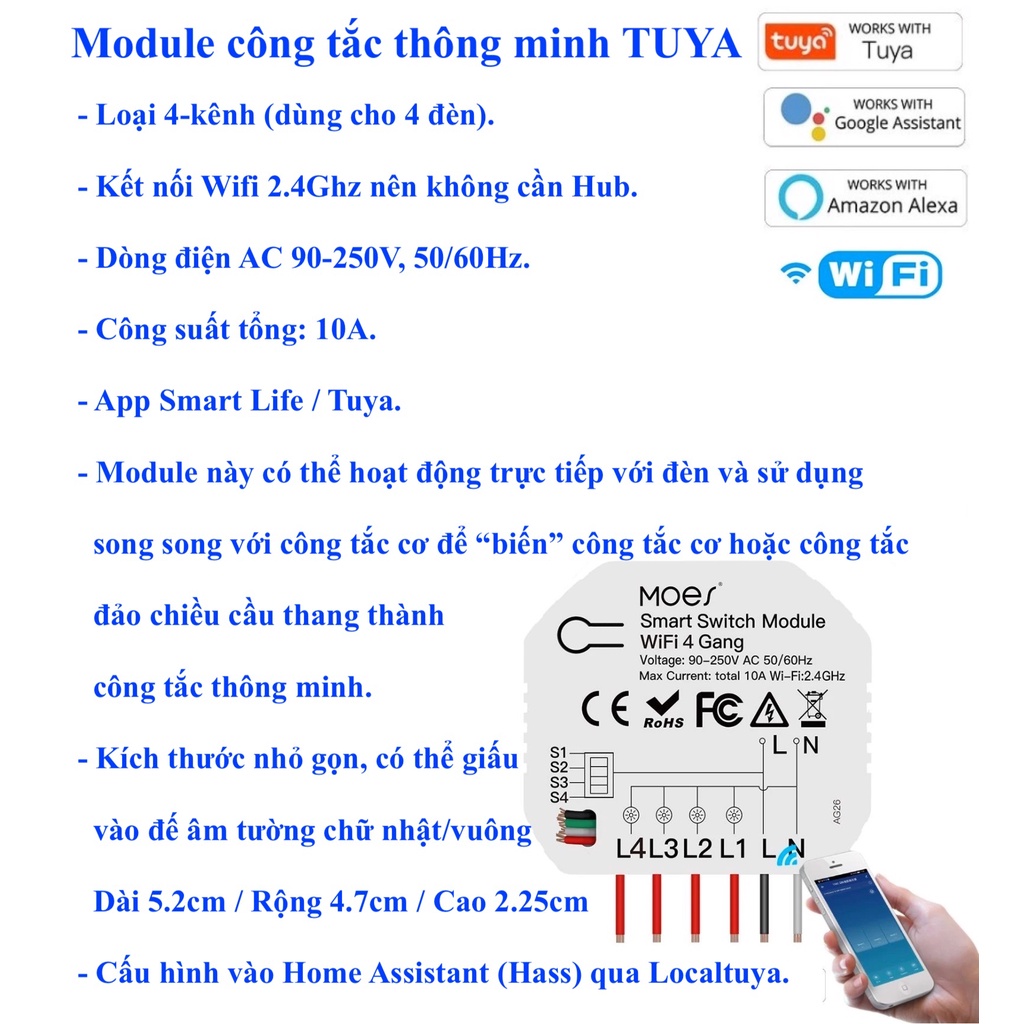 Module công tắc thông minh Tuya Moes, kết nối Zigbee, Wifi, RF433, App Tuya/ Smart Life/ Home Assistant. Mẫu 1 -