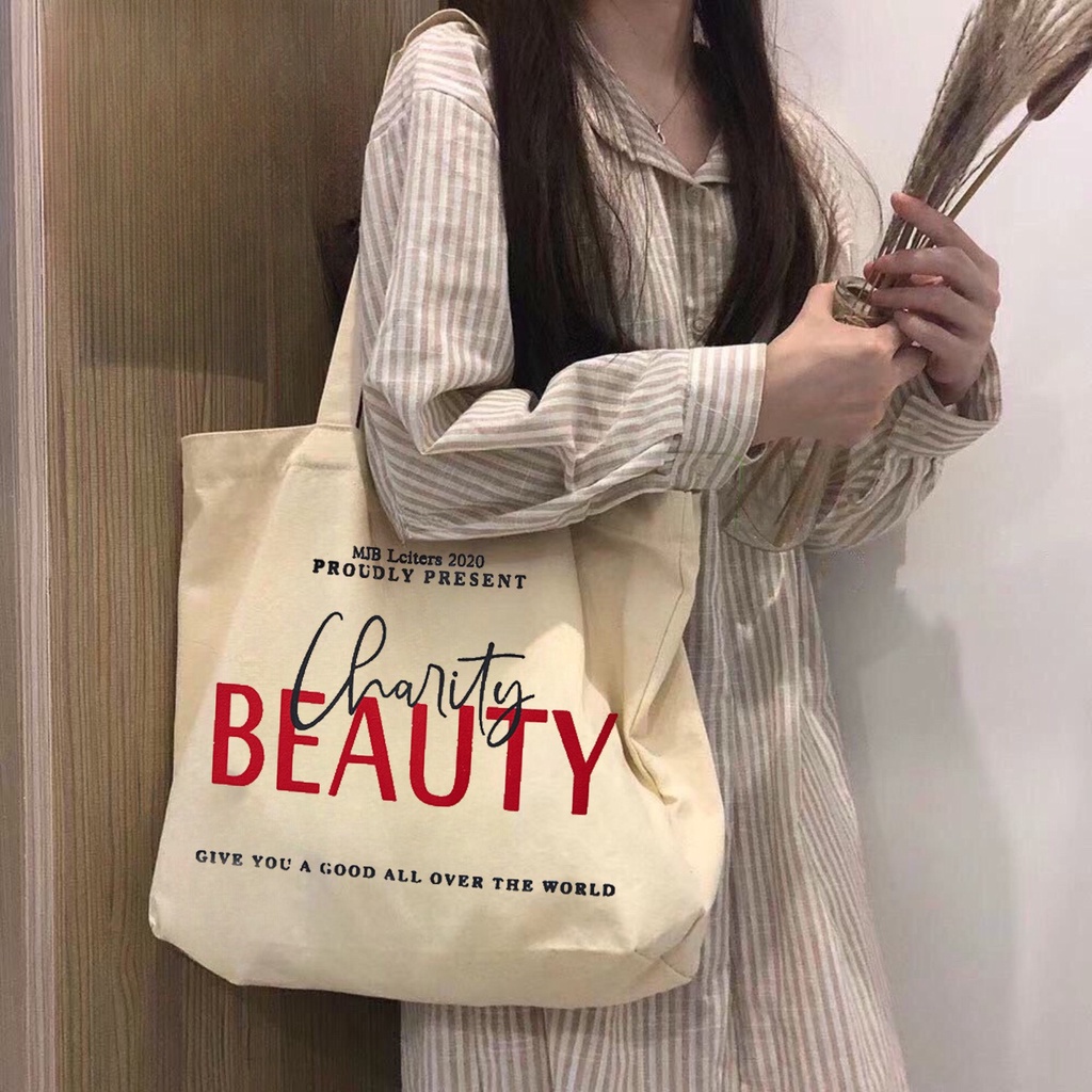 Túi tote vải canvas ulzzang unisex đi học đi làm có khoá miệng, có ngăn phụ in chữ TOAST và  CHARITY BETAUTY màu be