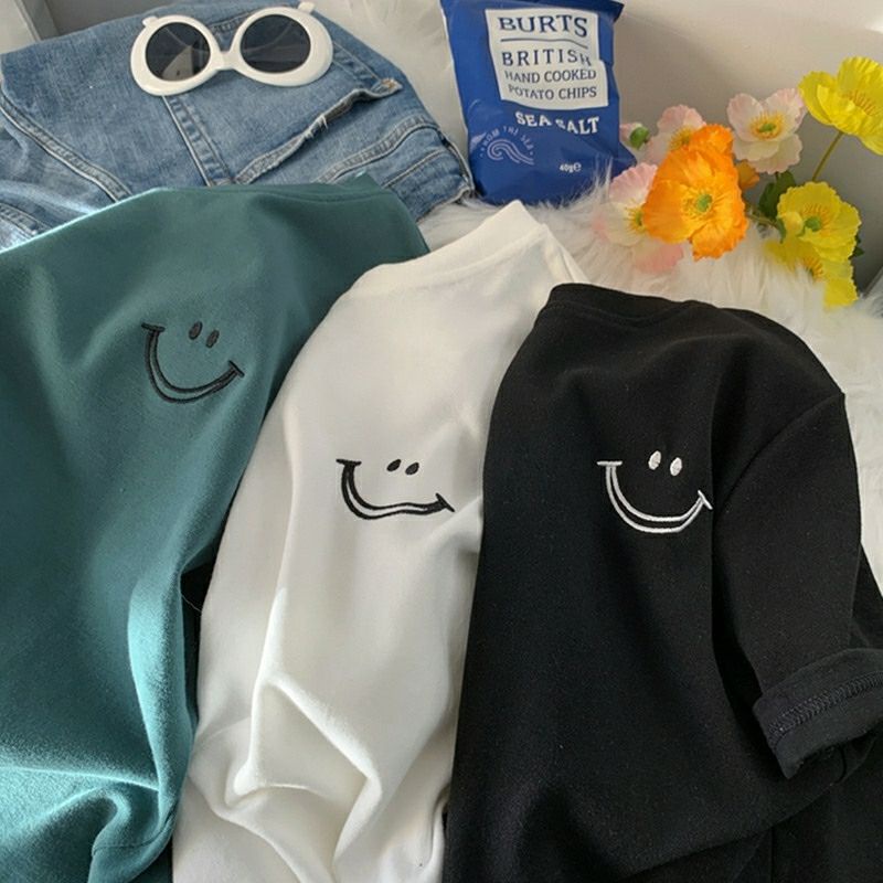 ÁO THUN UNISEX - THÊU HÌNH MẶT CƯỜI - HÀN QUỐC FORM RỘNG - HÀNG NHẬP QC