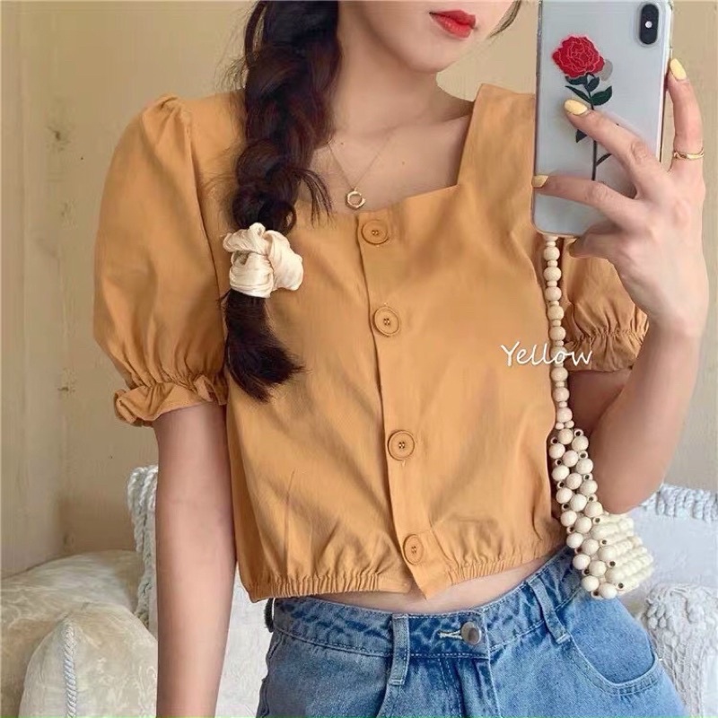 Áo croptop cổ vuông bo lai tay phồng chất liệu mềm mịn