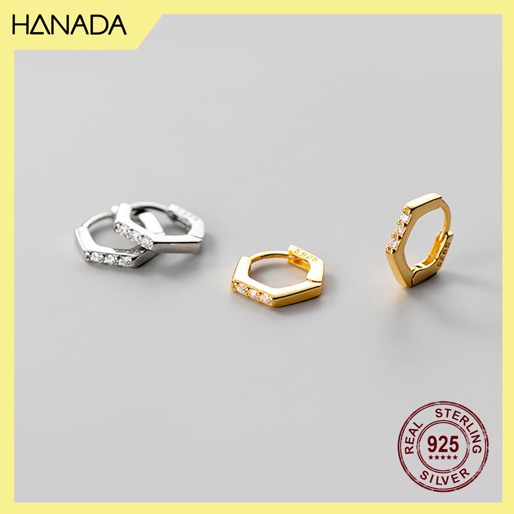 Bông Tai Bạc 925 Hanada Khoen Tròn Lục Giác Đính Đá Nhỏ Đeo vành 0802
