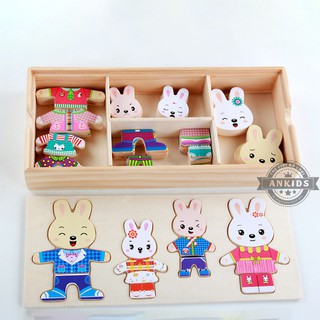 bộ ghép hình thay quần áo cho gia đình gấu/thỏ - đồ chơi gỗ