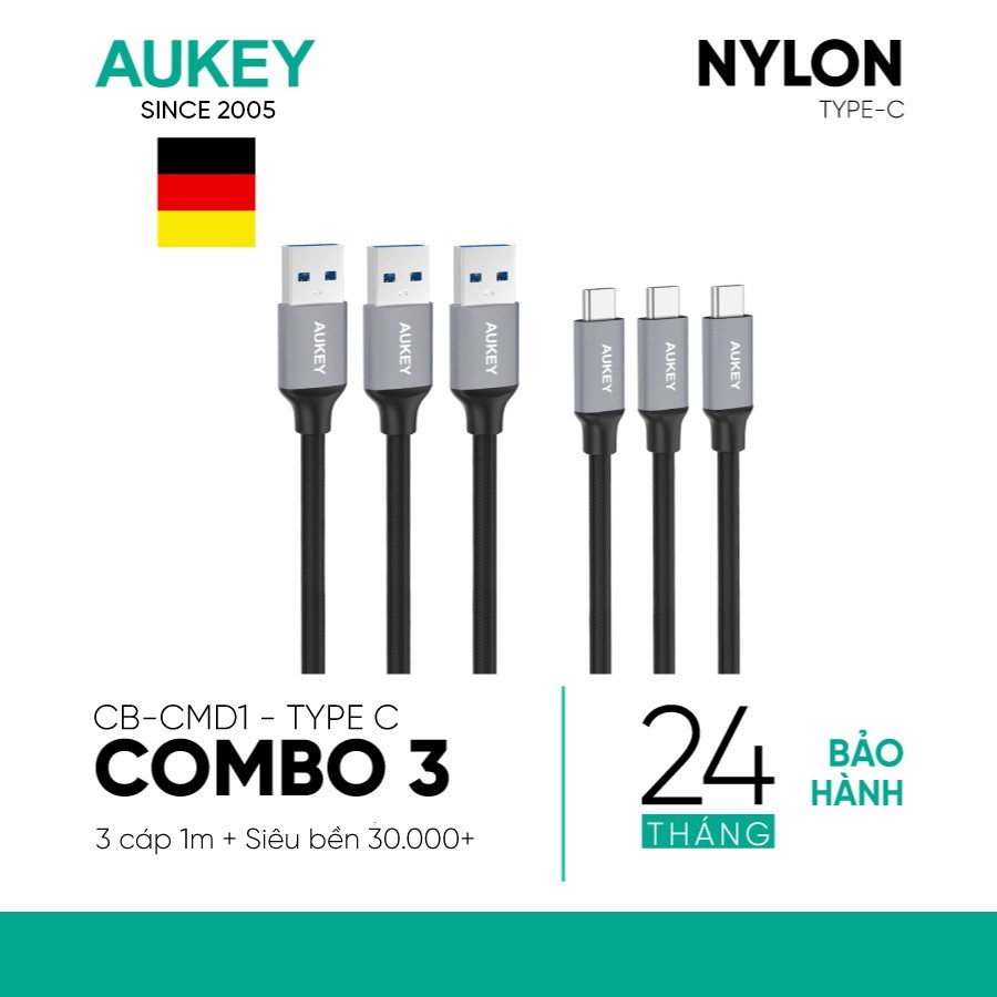 Bộ Cáp Sạc Type C Sang USB-A  Aukey CB-CMD1 Sạc Nhanh 3.0 1 Mét - Hàng Chính Hãng