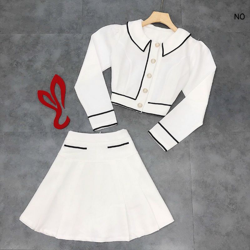 Set bố dạ áo cổ sen tay dài viền + chân váy xếp li