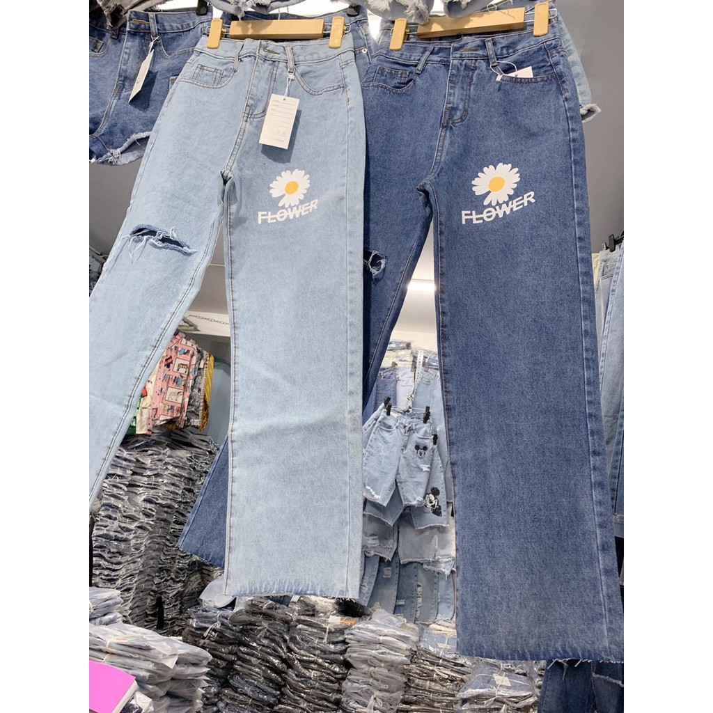 [FREESHIP_50K] Quần jean baggy nữ ống rộng in hình hoa Cúc cá tính AnNgo - AT30